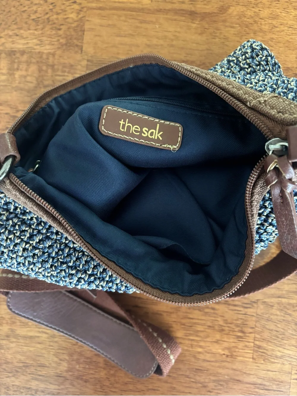 The Sak Lucia Crossbody Purse Boho Crocheted Bag in Blue and Brown Leather